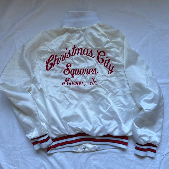 Vintage Silky Square Dance Bomber Jacket w/ snap front, M, White w/ Red/Blue - Picture 3 of 4